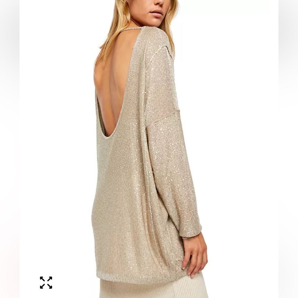 Free People All That Glitters gold Champagne sequin sweater Top open back XL